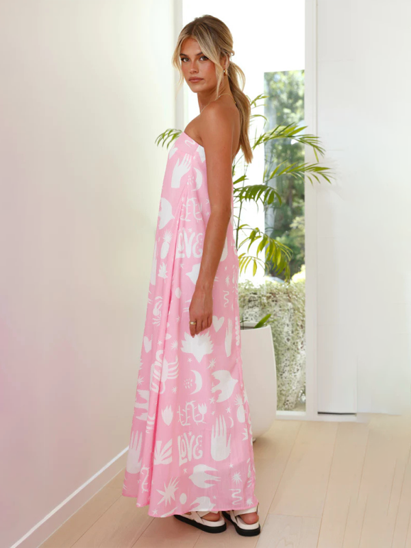 Strapless Maxi Dress - Light And Breathable Fabric - Loose Fit - Elegant Patterns