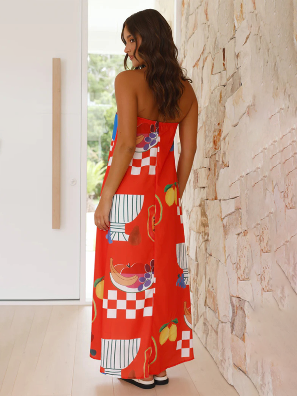Strapless Maxi Dress - Light And Breathable Fabric - Loose Fit - Elegant Patterns