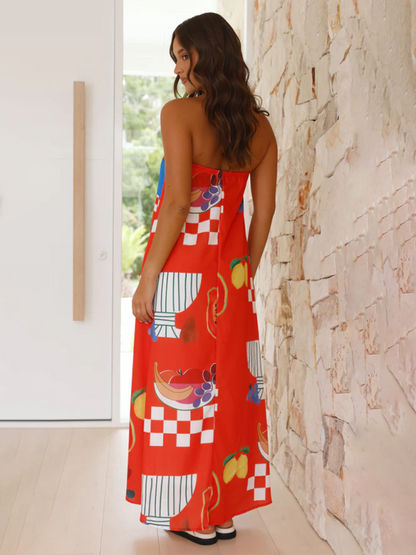 Strapless Maxi Dress - Light And Breathable Fabric - Loose Fit - Elegant Patterns