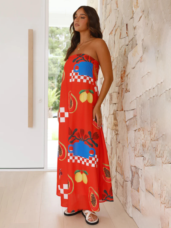 Strapless Maxi Dress - Light And Breathable Fabric - Loose Fit - Elegant Patterns