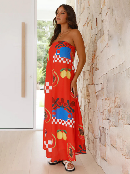 Strapless Maxi Dress - Light And Breathable Fabric - Loose Fit - Elegant Patterns