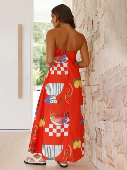 Strapless Maxi Dress - Light And Breathable Fabric - Loose Fit - Elegant Patterns