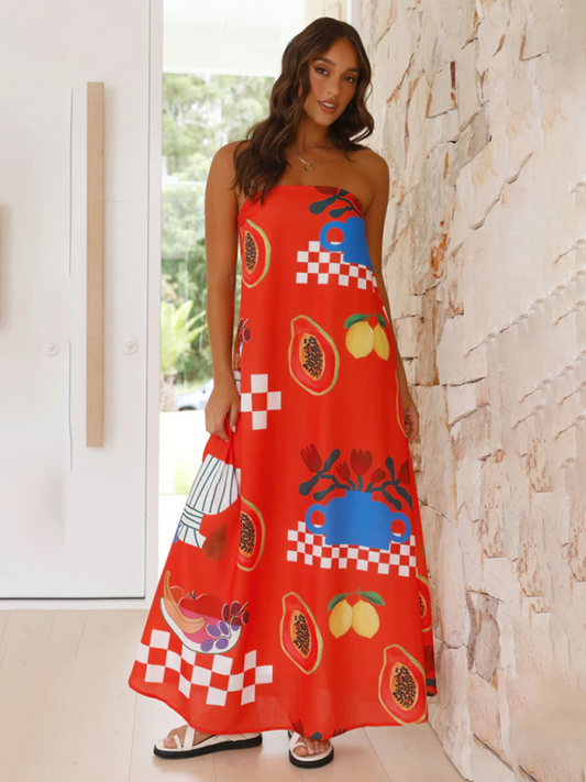 Strapless Maxi Dress - Light And Breathable Fabric - Loose Fit - Elegant Patterns
