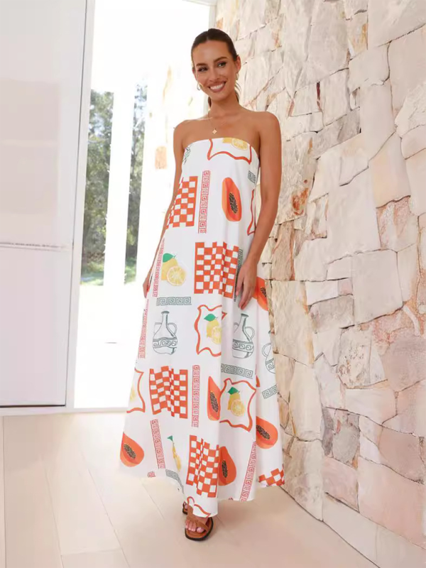 Strapless Maxi Dress - Light And Breathable Fabric - Loose Fit - Elegant Patterns