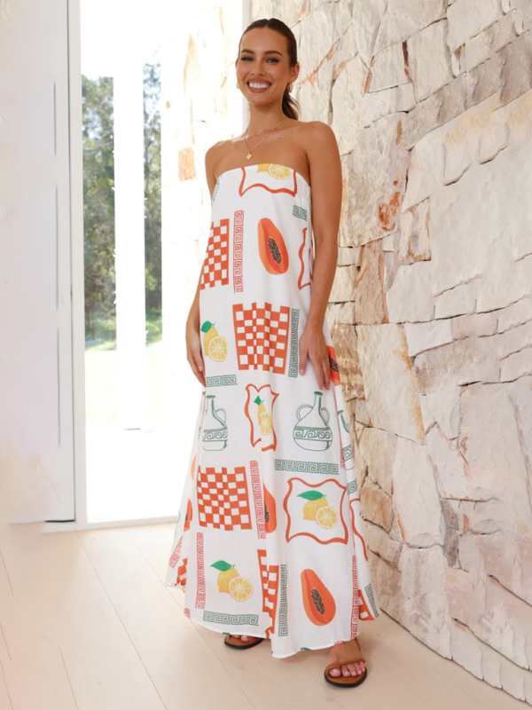 Strapless Maxi Dress - Light And Breathable Fabric - Loose Fit - Elegant Patterns