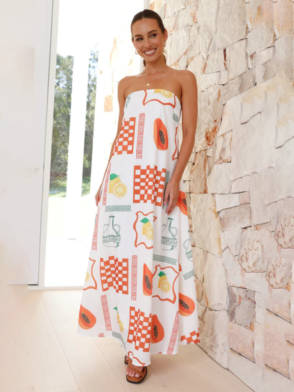 Strapless Maxi Dress - Light And Breathable Fabric - Loose Fit - Elegant Patterns