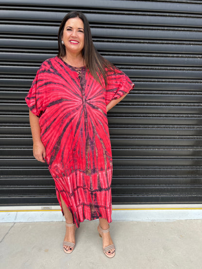 Women's Caftan Dress - Loose Fit - Short Sleeves - Soft and Light - Drawstring Neckline