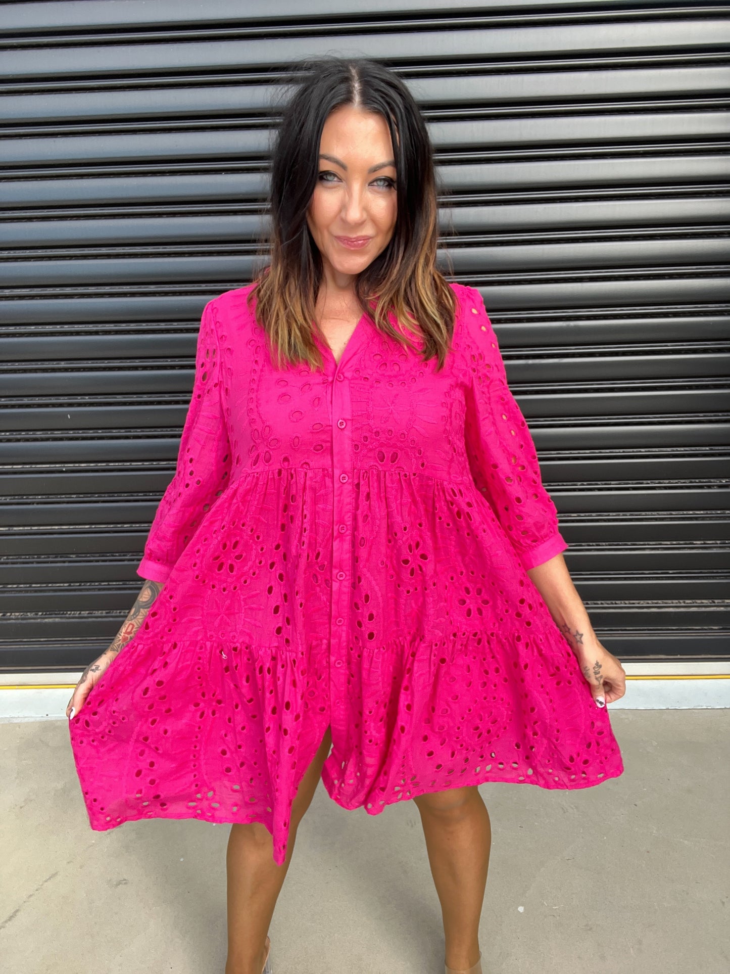 Women's Dress - A-line Loose Fit - 3/4 Sleeves - Button Closure & Broderie Anglaise
