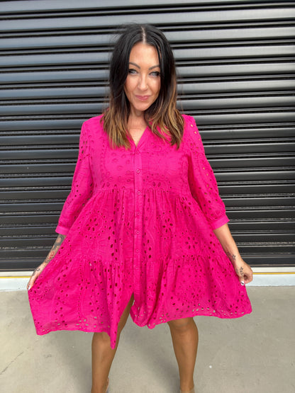 Women's Dress - A-line Loose Fit - 3/4 Sleeves - Button Closure & Broderie Anglaise
