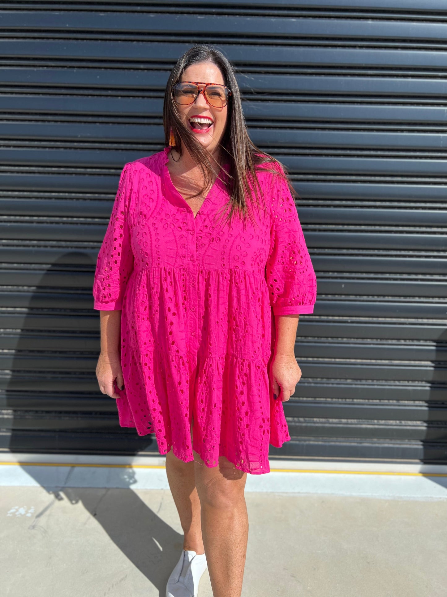 Women's Dress - A-line Loose Fit - 3/4 Sleeves - Button Closure & Broderie Anglaise