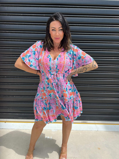 Women's Mini Dress - A-line Fit - V-neck with Decorative Details - Short Ruffle Sleeves