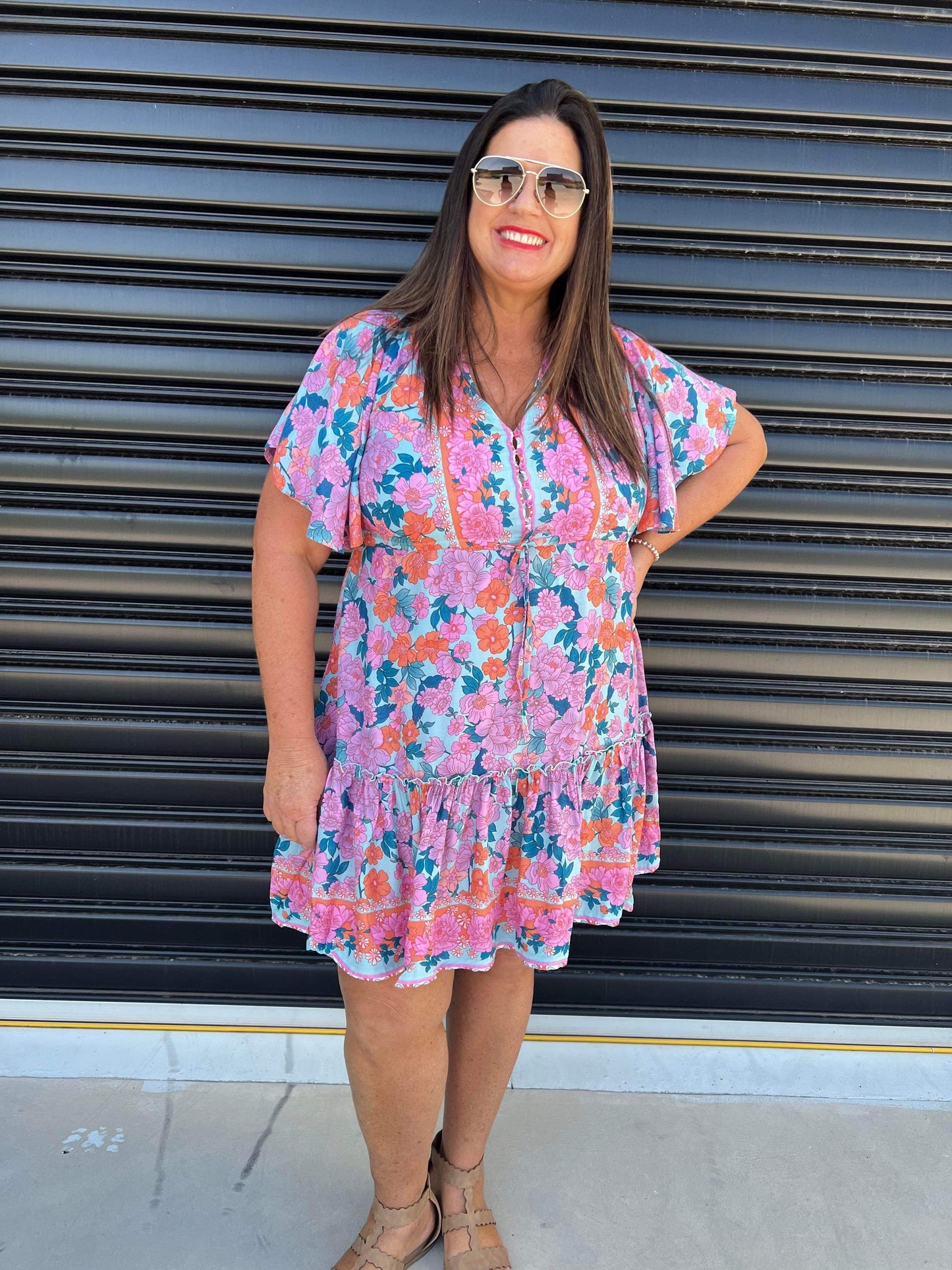Women's Mini Dress - A-line Fit - V-neck with Decorative Details - Short Ruffle Sleeves