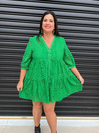 Women's Dress - A-line Loose Fit - 3/4 Sleeves - Button Closure & Broderie Anglaise