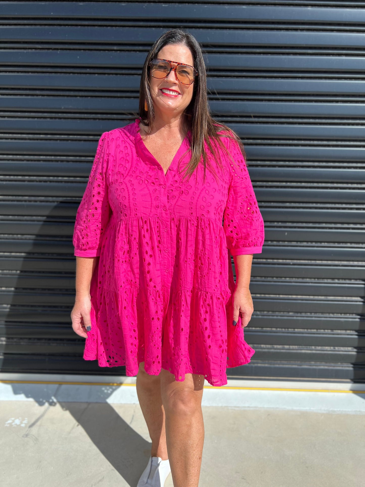 Women's Dress - A-line Loose Fit - 3/4 Sleeves - Button Closure & Broderie Anglaise