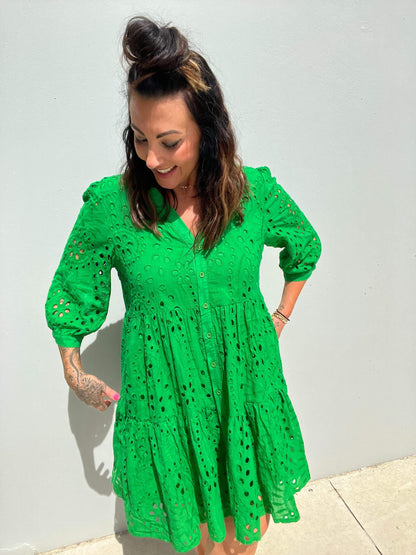 Women's Dress - A-line Loose Fit - 3/4 Sleeves - Button Closure & Broderie Anglaise