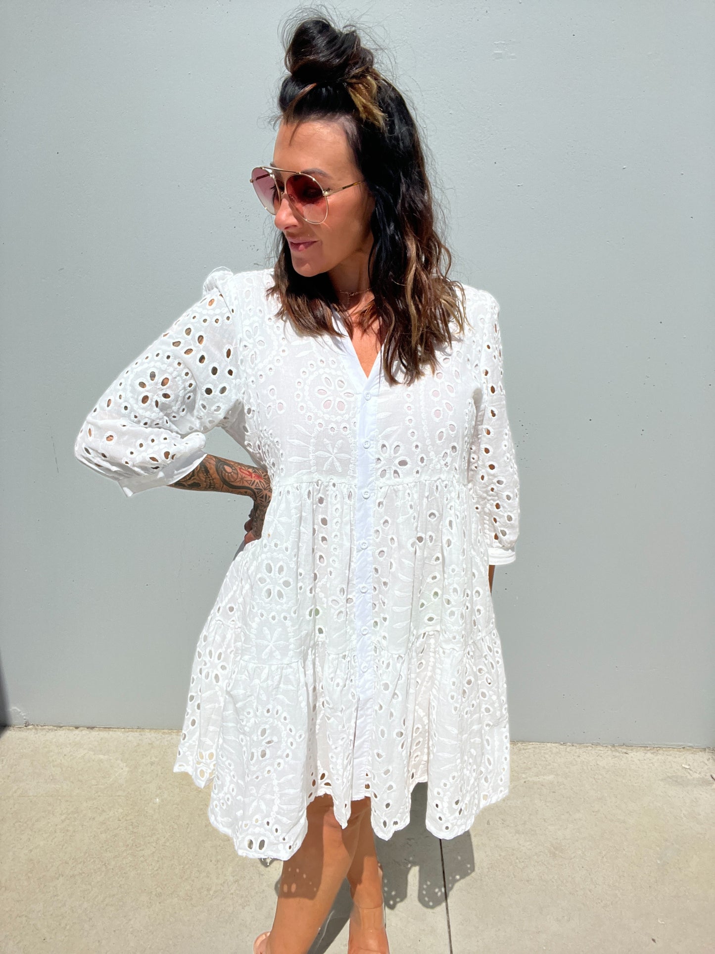 Women's Dress - A-line Loose Fit - 3/4 Sleeves - Button Closure & Broderie Anglaise