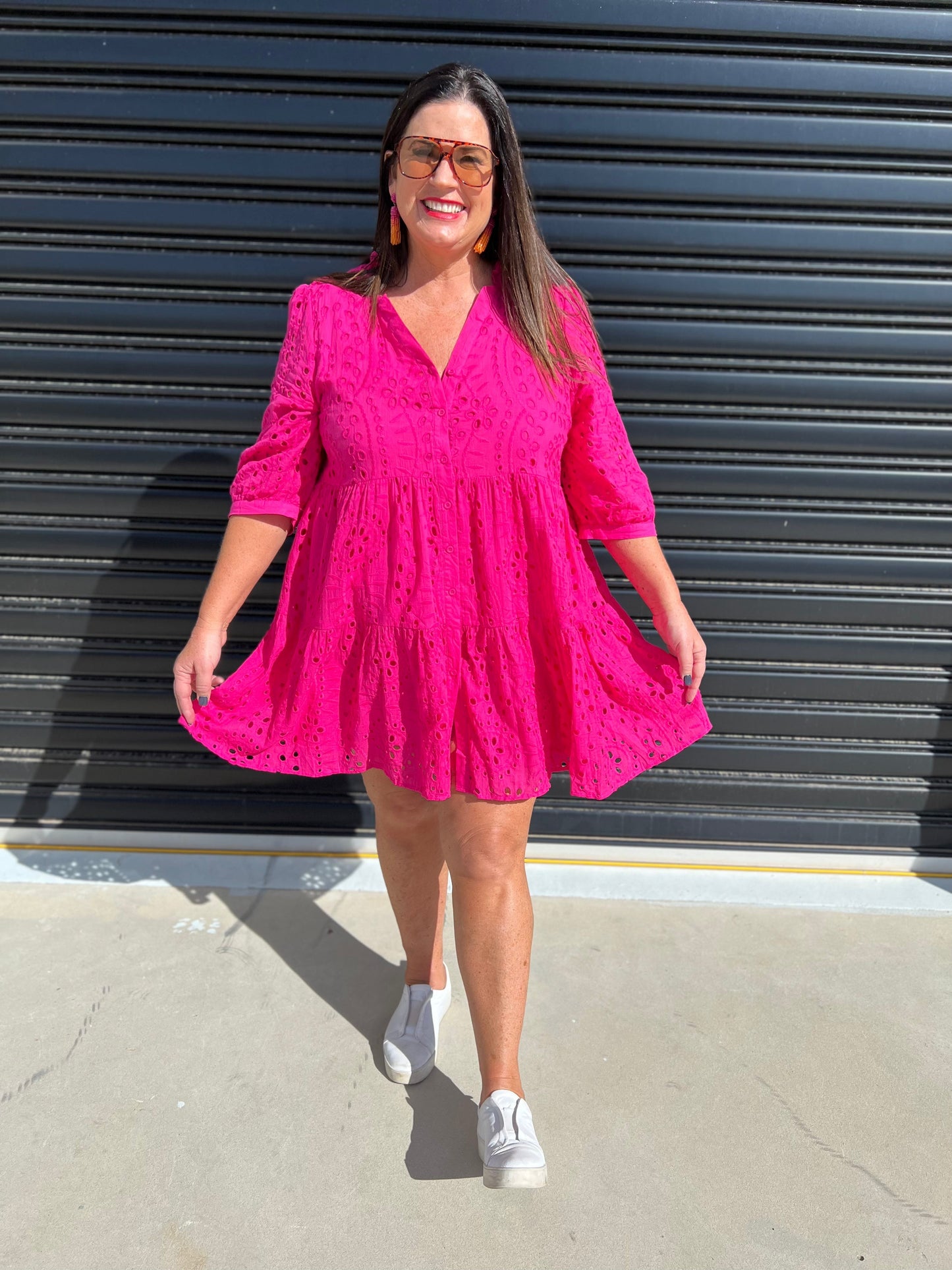 Women's Dress - A-line Loose Fit - 3/4 Sleeves - Button Closure & Broderie Anglaise