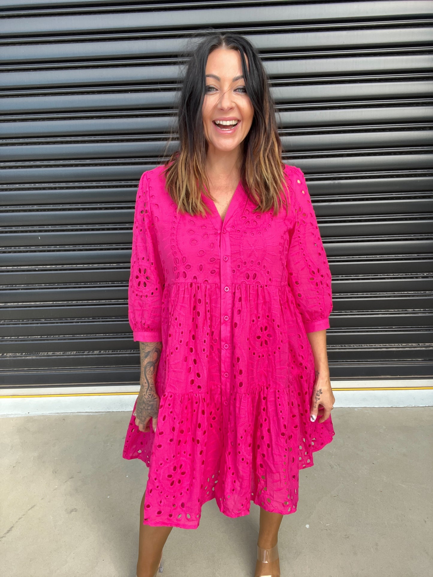 Women's Dress - A-line Loose Fit - 3/4 Sleeves - Button Closure & Broderie Anglaise