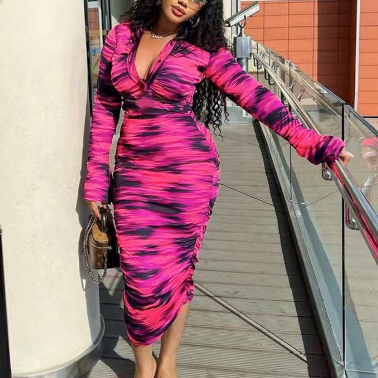 Women's Midi Dress - Bodycon Fit - Long Sleeves - V-Neck - Ruched Detail