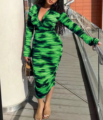 Women's Midi Dress - Bodycon Fit - Long Sleeves - V-Neck - Ruched Detail