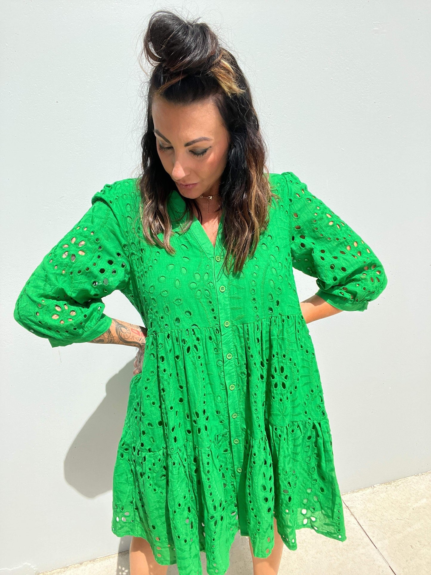 Women's Dress - A-line Loose Fit - 3/4 Sleeves - Button Closure & Broderie Anglaise