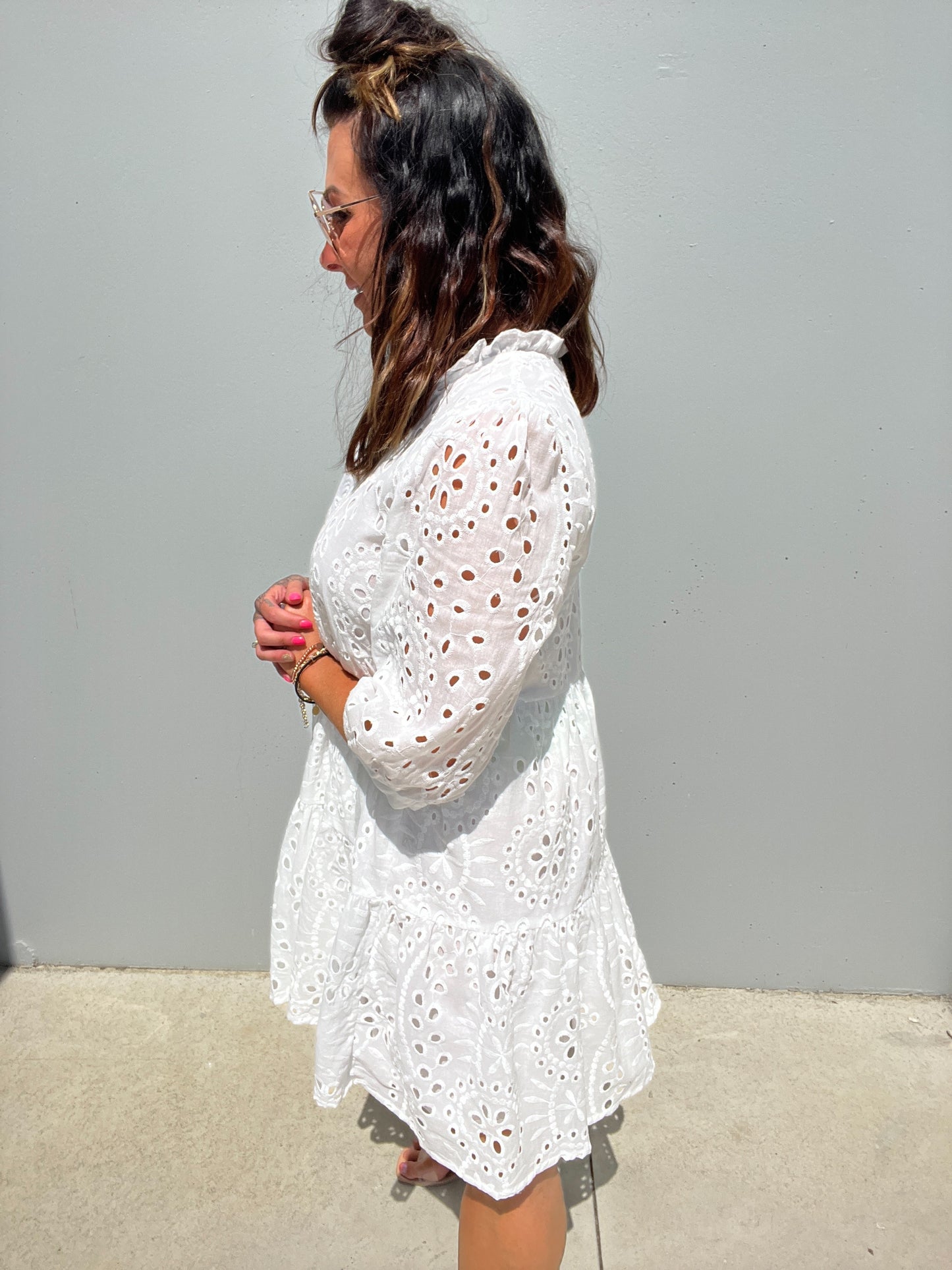 Women's Dress - A-line Loose Fit - 3/4 Sleeves - Button Closure & Broderie Anglaise