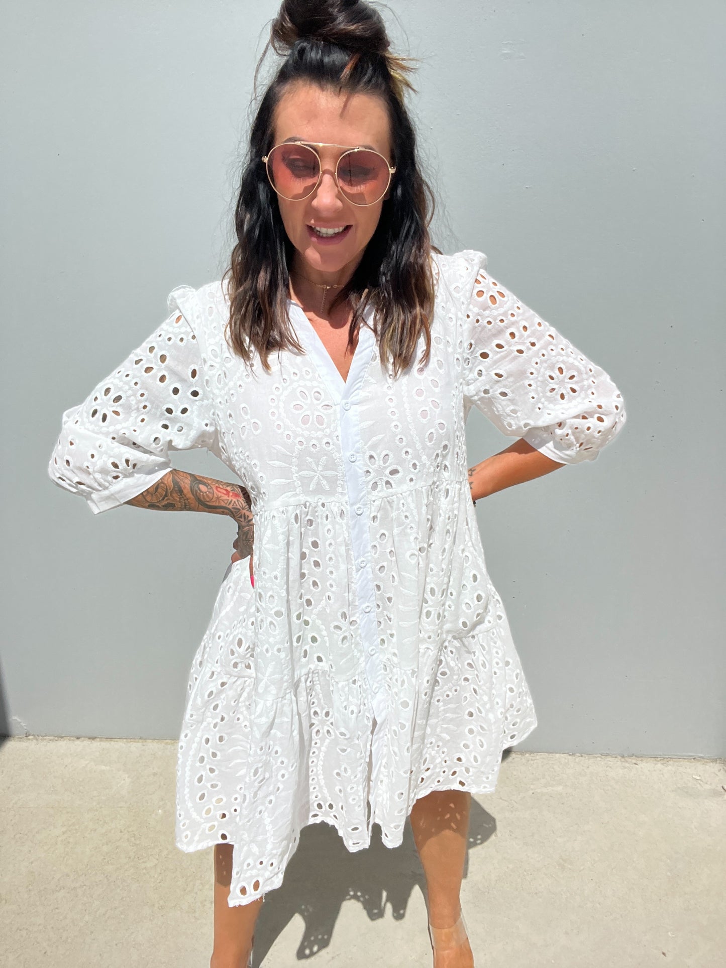 Women's Dress - A-line Loose Fit - 3/4 Sleeves - Button Closure & Broderie Anglaise
