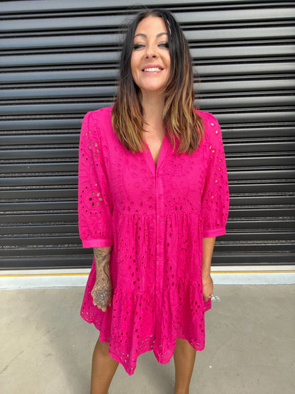 Women's Dress - A-line Loose Fit - 3/4 Sleeves - Button Closure & Broderie Anglaise