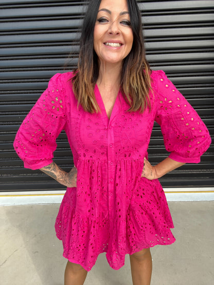 Women's Dress - A-line Loose Fit - 3/4 Sleeves - Button Closure & Broderie Anglaise
