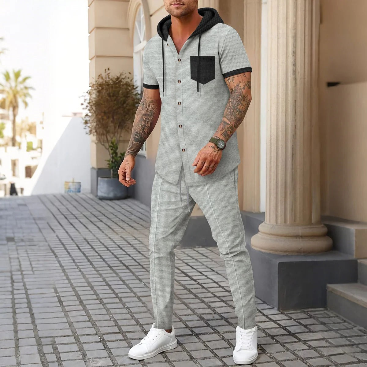 Men's Training Set – Relaxed Fit – Hooded Jacket with Button Closure – Soft and Breathable