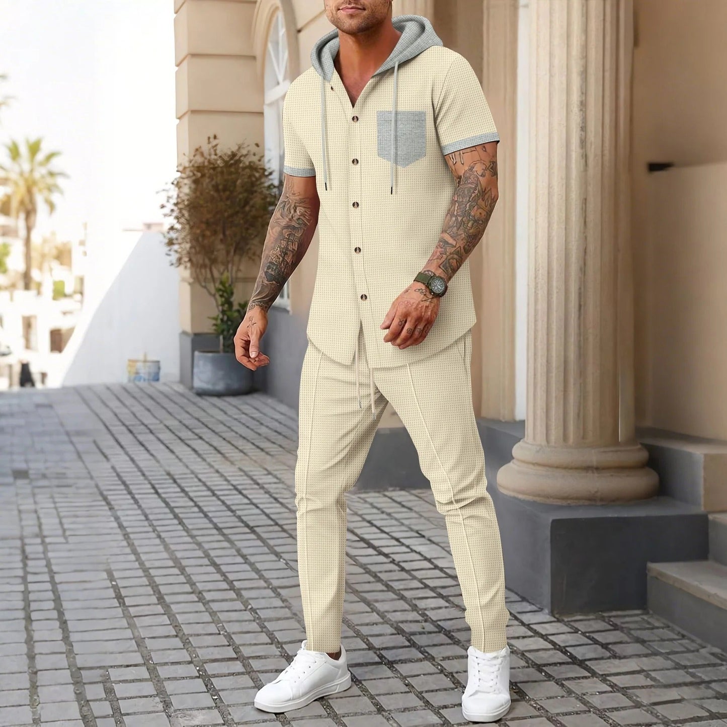 Men's Training Set – Relaxed Fit – Hooded Jacket with Button Closure – Soft and Breathable