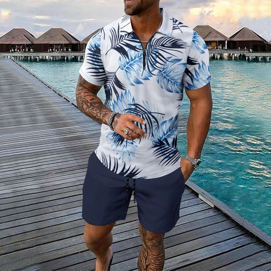 Men's Polo Shirt – Slim Fit – Breathable Fabric – Short Sleeve – Zip Collar – Tropical Pattern