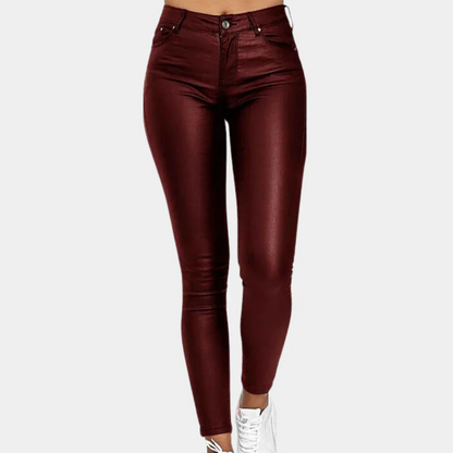 Women's Trousers – Slim Fit – Leather Look Finish – Full Length – Five Pockets