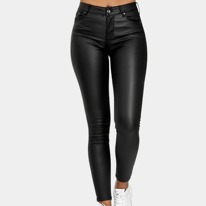 Women's Trousers – Slim Fit – Leather Look Finish – Full Length – Five Pockets