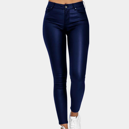 Women's Trousers – Slim Fit – Leather Look Finish – Full Length – Five Pockets