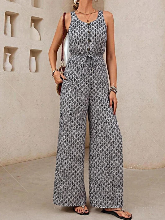 Women's Jumpsuit – Relaxed Fit – Sleeveless – V-Neck – Waist Tie