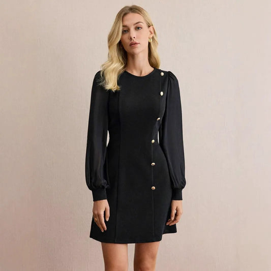 Dress for Women – Slim Fit – Sheer Sleeves – Asymmetric Button Detail – Short Length