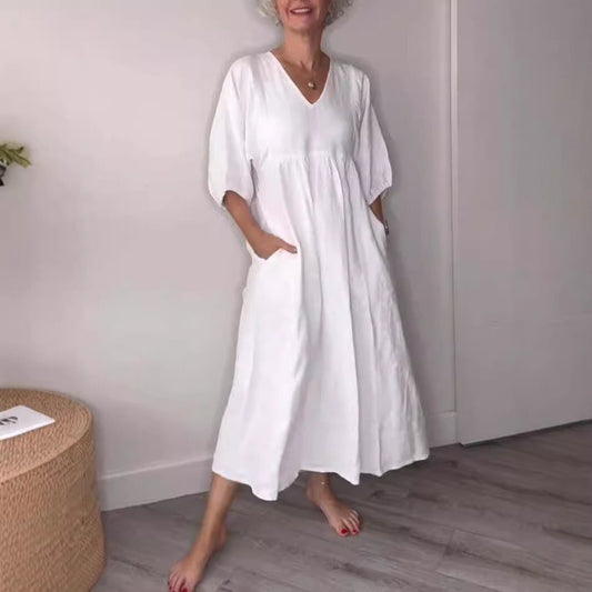 Dress for Women – Midi – Relaxed Fit – Lightweight and Breathable – V-Neck – Pockets