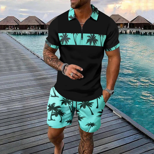 Men's Set with Polo and Shorts – Slim Fit Zip Polo – Tropical Pattern – Light and Breathable