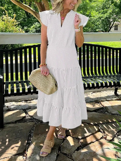 Dress for Women – Midi – Loose Fit – V-Neck – Striped Pattern – Flutter Sleeves