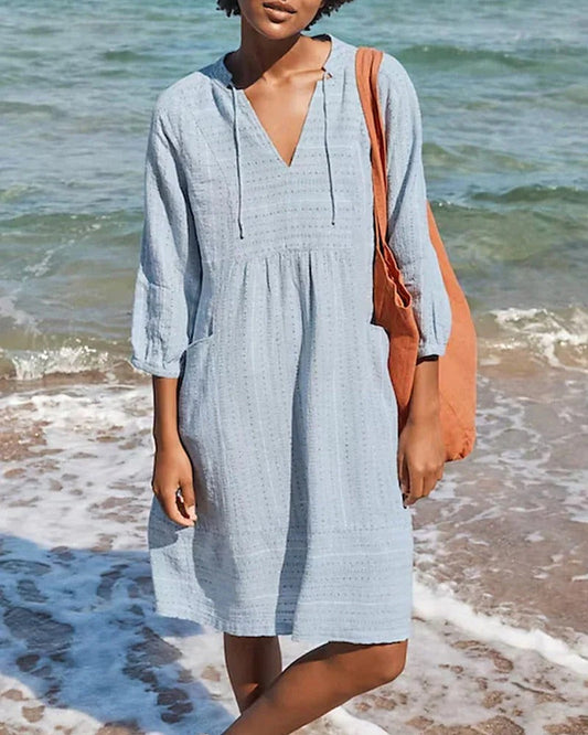 Women's Dress – Relaxed Fit – V-Neck – 3/4 Sleeves – Light and Breathable Design