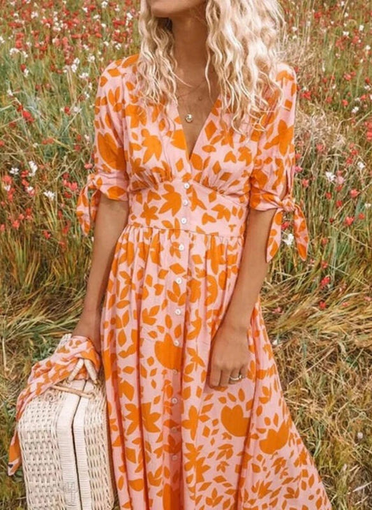 Women's Midi Dress – Relaxed Fit – V-Neck – Light Breathable Quality – Short Sleeve – Button Closure