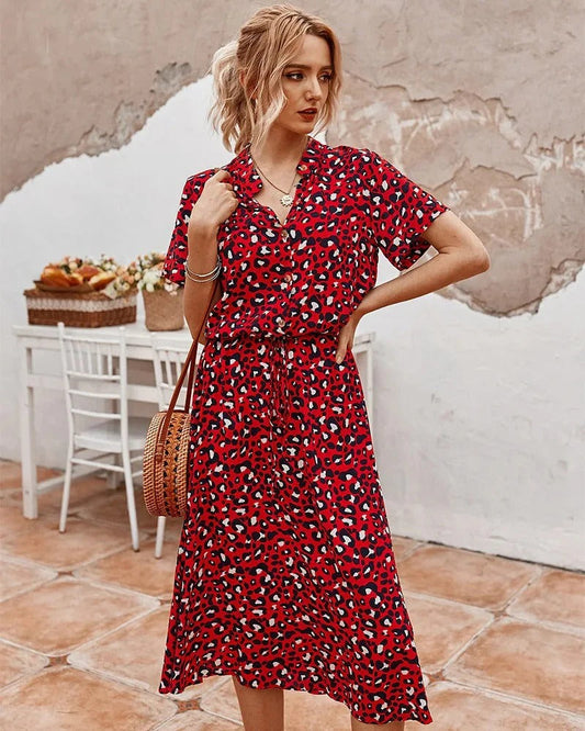 Dress for Women – Midi Length – Relaxed Fit – Button Closure – Tie Belt at Waist