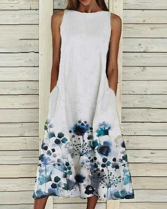Women's Dress – Sleeveless A-line – Relaxed Fit – Lightweight and Breathable – Floral Details