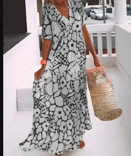 Women's Maxi Dress – A-line Fit – V-neck – Short Sleeves – Floral Print – Breathable