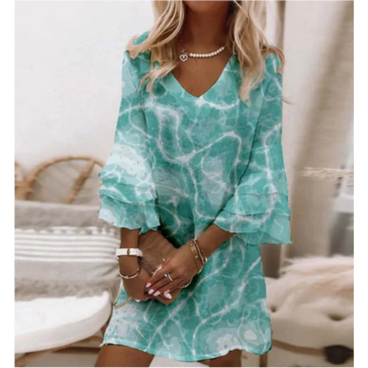 Women's Mini Dress – Relaxed Fit – V-Neck – 3/4 Sleeves – Lightweight Breathable Fabric