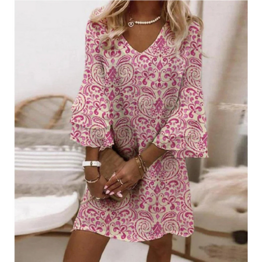 Women's Mini Dress – Relaxed Fit – V-Neck – 3/4 Sleeves – Lightweight Breathable Fabric