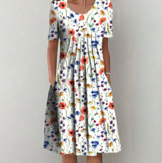 Women's Midi Dress – A-line Fit – Light and Breathable – Short Sleeves – Floral Pattern