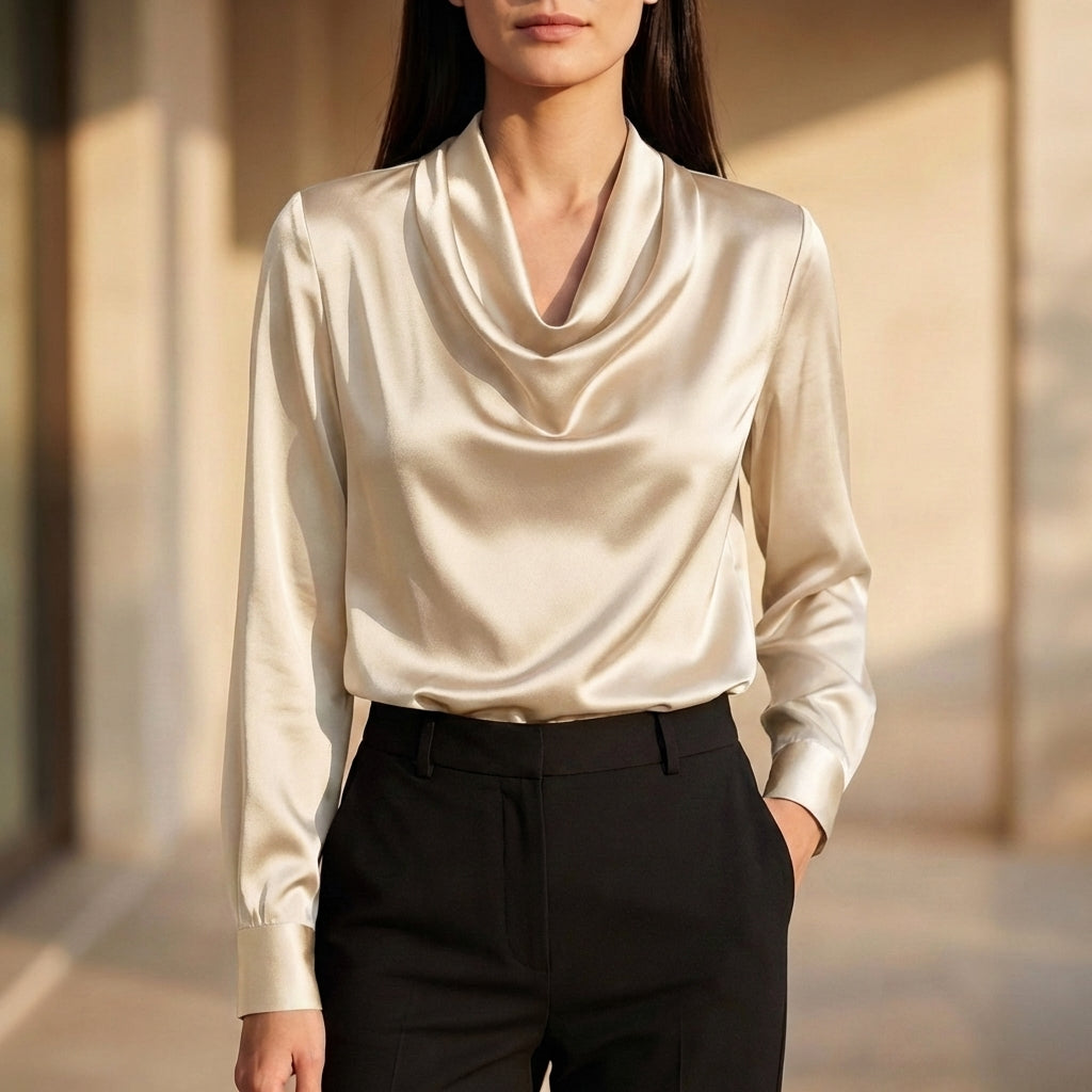 Relaxed Fit Draped Neck Blouse for Women – Elegant Comfortable Style