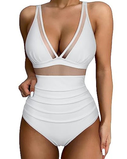 Swimsuit for Women – Tailored Fit – Deep V-Neck – Mesh Panels – Wide Straps
